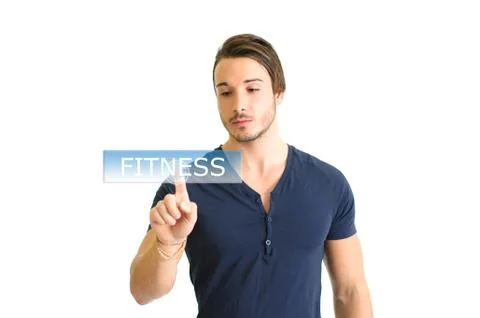 Handsome and fit guy choosing fitness on invisible board Stock Illustration