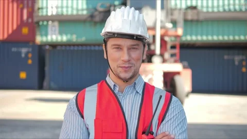 Handsome and happy professional engineers worker wearing safety vest  Video stock 166992028