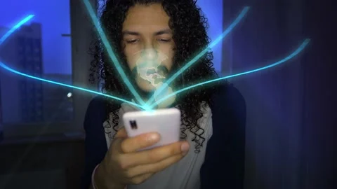 Handsome Arabian man browsing the internet, watching videos, messaging in social Stock Footage 167368993