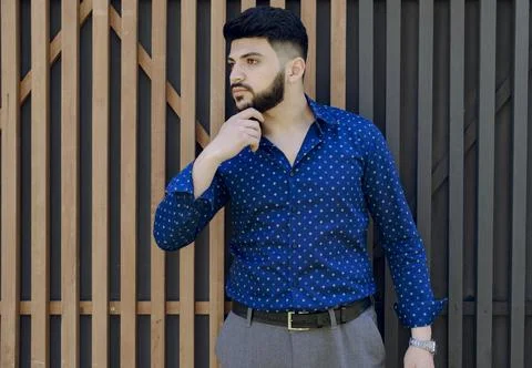 Handsome asian guy standing, touching chin. Stock Photos