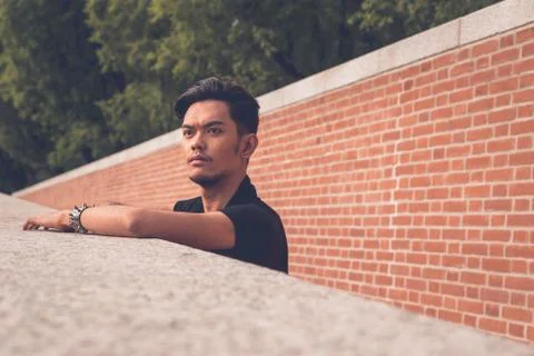 Handsome Asian model posing with a brick wall in background Stock Photos