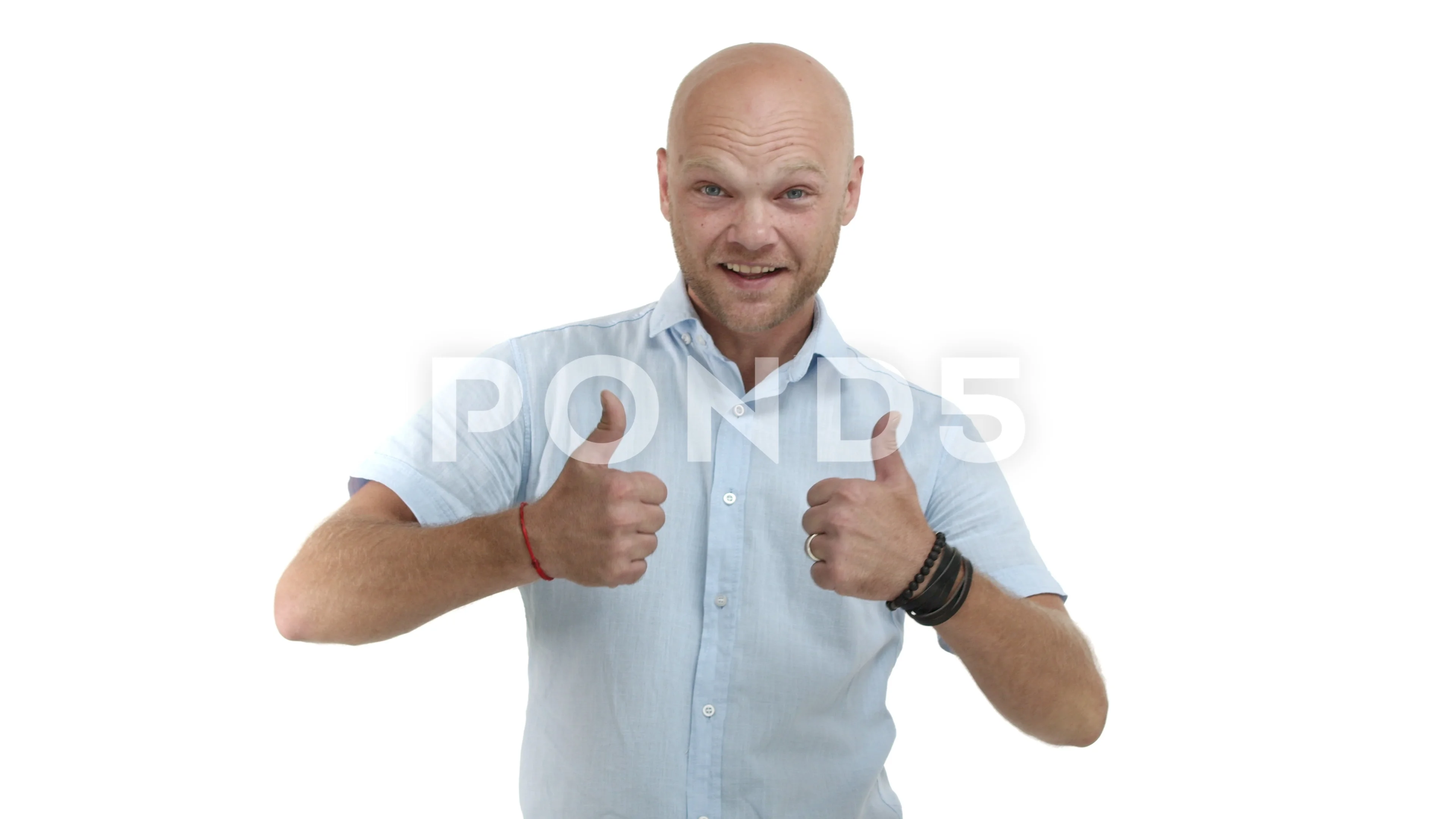 Handsome bald guy with beard, wearing blue shirt, appear from bottom and  showing