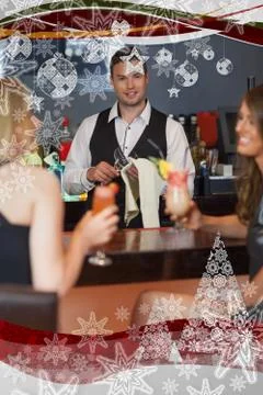 Handsome bartender working while gorgeous friends talking Stock Illustration