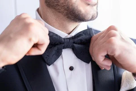 Handsome bearded man correcting his black bow. Stock Photos