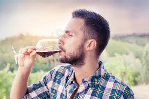 Handsome bearded man drinking red wine from glass Stock Photos