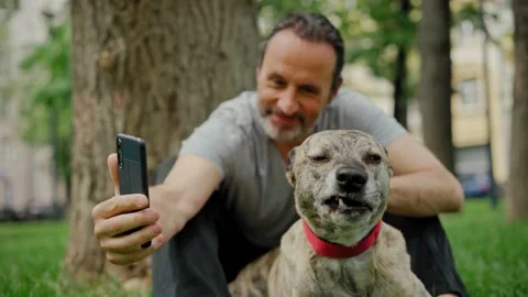 A handsome bearded man hugging his cute grey dog and taking a selfie Stock Footage 155462979