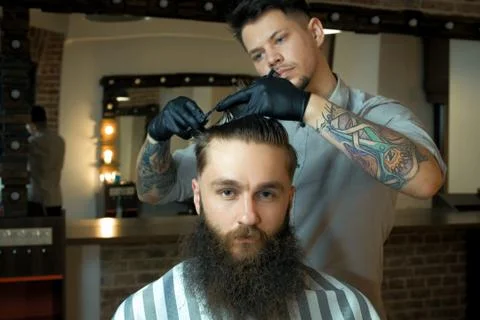 Handsome bearded man is looking forward while having his hair cut by hairdresser Stock Photos