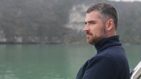Handsome bearded men on boat. Stock Footage 305368470