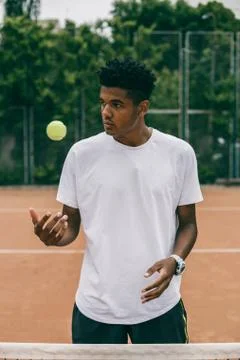 Handsome black guy in polo throws up a tennis ball on the court. Stock-Fotos