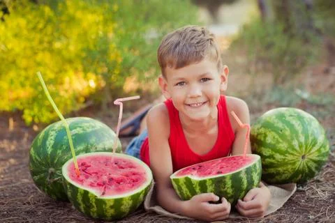 Handsome boy child posing in central park forest meadow with summer fresh jui Stock-Fotos