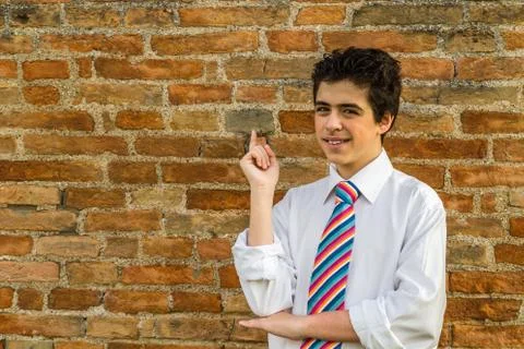 Handsome boy pointing in front of a brick wall Stock Photos