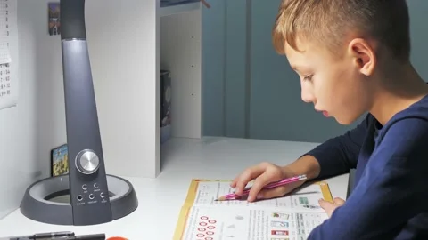 Handsome boy studying doing his homework. Cute boy at home sitting at the table Stock Footage 226625556