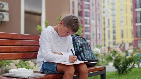 Handsome Boy Writing in Notebook, Doing his Homework while Sitting on Bench Stock Footage 249824116