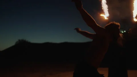 Handsome Brawny Man Performing Acrobatic Tricks, Jumping In Darkness, Stuntman Stock Footage 254318466