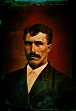 Handsome brooding man with large mustache, tintype photo circa 1880 Stock Illustration
