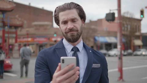 Handsome Business Man Checking Smartphone Mobile Technology Close Up App in City Video stock 119797405