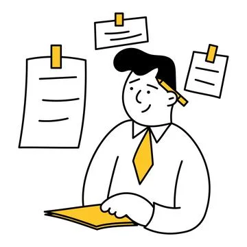 Handsome business man writes notes on paper and stickers, develops a projec.. Stock Illustration