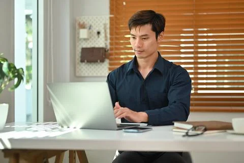 Handsome businessman using laptop computer working at home office. Remote job Stock Photos