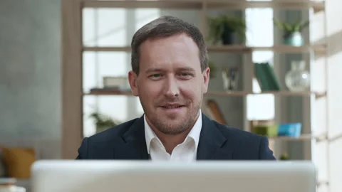 Handsome Businessman Working in Office at Laptop Close-up Stock Footage 166313315