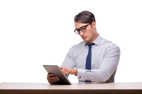 Handsome businessman working with tablet computer isolated on wh Stock Photos