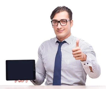 Handsome businessman working with tablet computer isolated on wh Stock Photos
