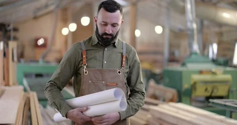 Handsome carpentry worker in the joinery manufacturing Stock Footage 146912062