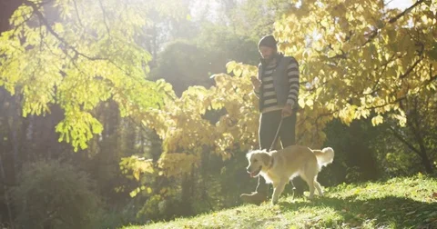 Handsome caucasian man with a beard scrolling on his smart phone while walking a Stock Footage 82512024