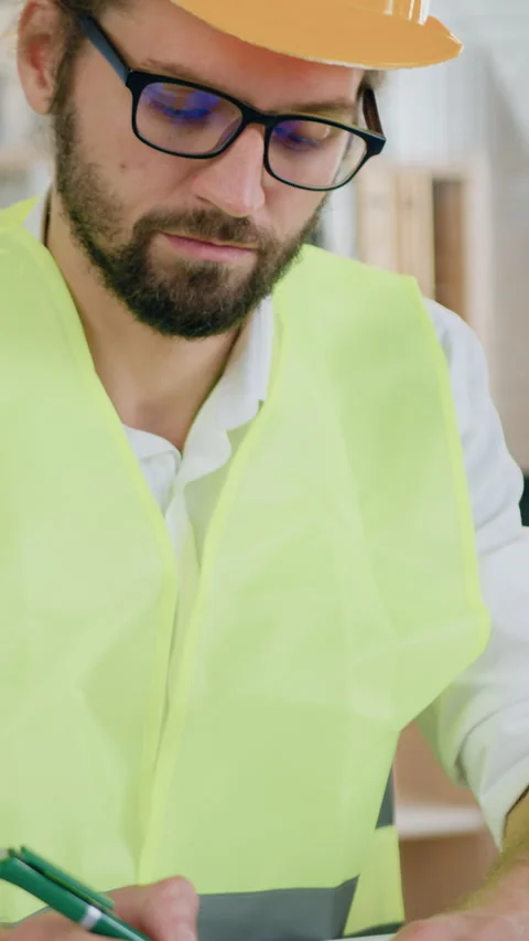 Handsome confident qualified bearded engineer in protective helmet and special u Stock Footage 328653113