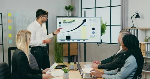 Handsome confident skilled bearded office manager explaining presentation about Stock Footage 161027991