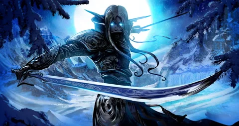 A handsome dark elf warrior with two curved blades stands against the backdrop o Stock Footage 155188103
