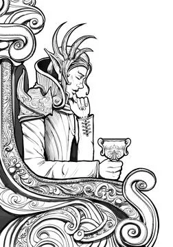 The handsome elf king, sitting thoughtfully in his golden chair with a goblet Illustrazione stock
