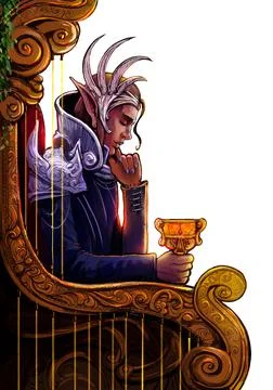 The handsome elf king, sitting thoughtfully in his golden chair with a goblet Illustrazione stock