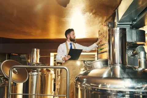 Handsome engineer of brewery inspecting process of brewing. Stock Photos