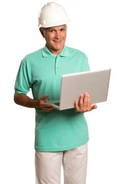 Handsome engineer holding tablet, isolated on white Stock Photos