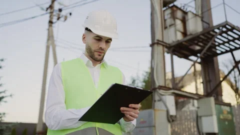 Handsome Engineer Standing Outside in Safety Clothes Noting Power Lines Data. Stock Footage 241492158