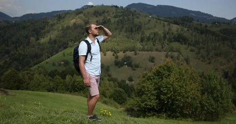 Handsome Excursionist Man Crossing Touristic Path Admire Panorama Mountains View Stock Footage 80273230