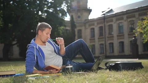 Handsome focused student studying on campus lawn Stock Footage 68162740