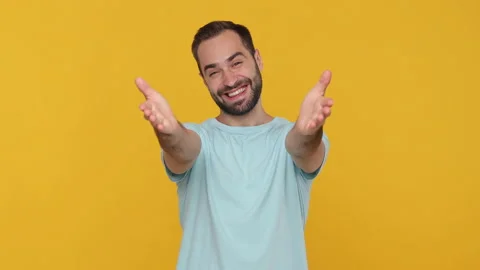Handsome fun cute sweet bearded young man 20s in basic casual blue t-shirt Video stock 148282832