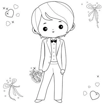 Handsome groom. Vector black and white coloring page Stock Illustration