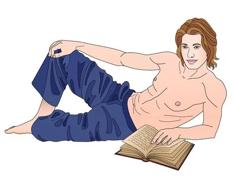 Handsome guy is reading a book - vector full color picture. A lovely man reads. Stock Illustration