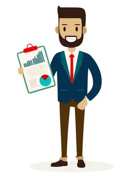 The A handsome guy wearing blue jacket holding his clipboard with paper whe.. Stock Illustration