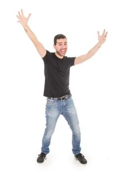 Handsome happy guy posing with arms up Stock-Fotos