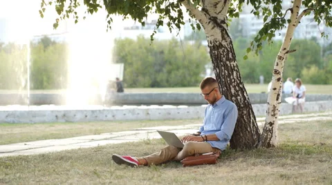 Handsome hipster using laptop in park on a summers day Stock Footage 68076296