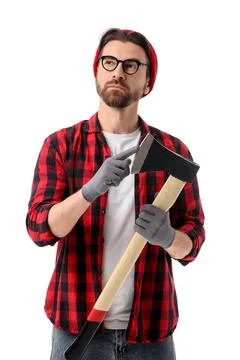 Handsome lumberjack with sharp ax on white background Stock Photos