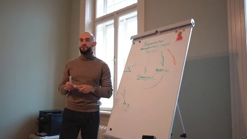 Handsome man with beard discusses strategy with a team, draws on a flipchart 動画素材 124717506