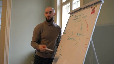 Handsome man with beard discusses strategy with a team, draws on a flipchart 스톡 동영상 124717663