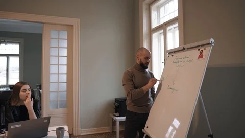 Handsome man with beard discusses strategy with a team, draws on a flipchart 스톡 동영상 124717968