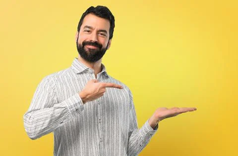 Handsome man with beard holding copyspace imaginary on the palm Stock Photos