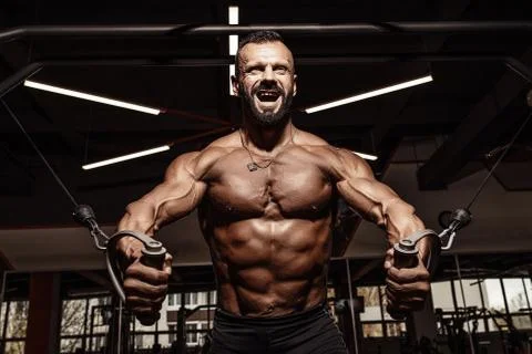 Handsome man with big muscles working out in gym. Muscular bodybuilder doing  Stock Photos