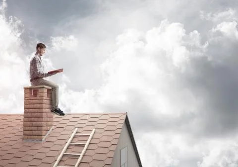 Handsome man on brick roof against cloud scape reading book Stock Photos